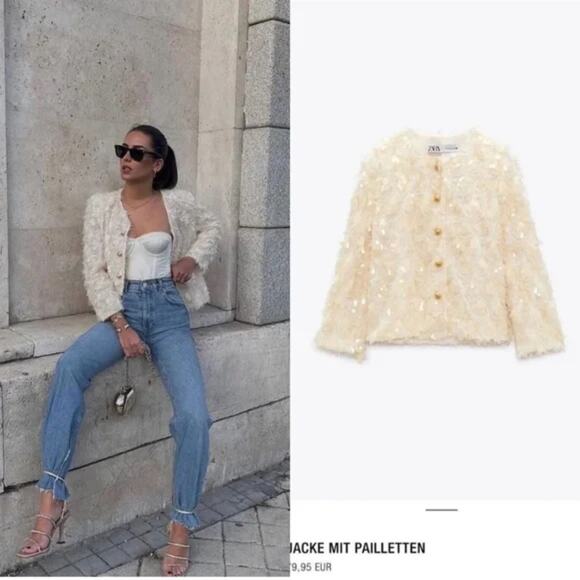 Zara SEQUIN JACKET cream bloggers favorite - size small - Picture 4 of 10